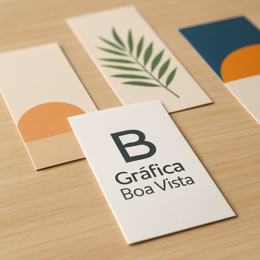Marca página personalizado impresso em gráfica de Curitiba, com acabamento profissional e amostras de papel ao fundo