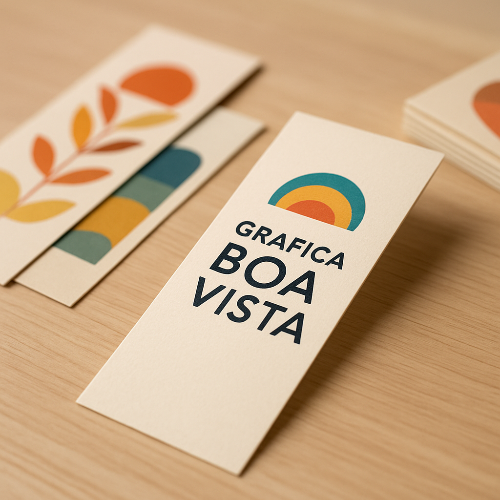 Marca página personalizado impresso em gráfica de Curitiba, com acabamento profissional e amostras de papel ao fundo
