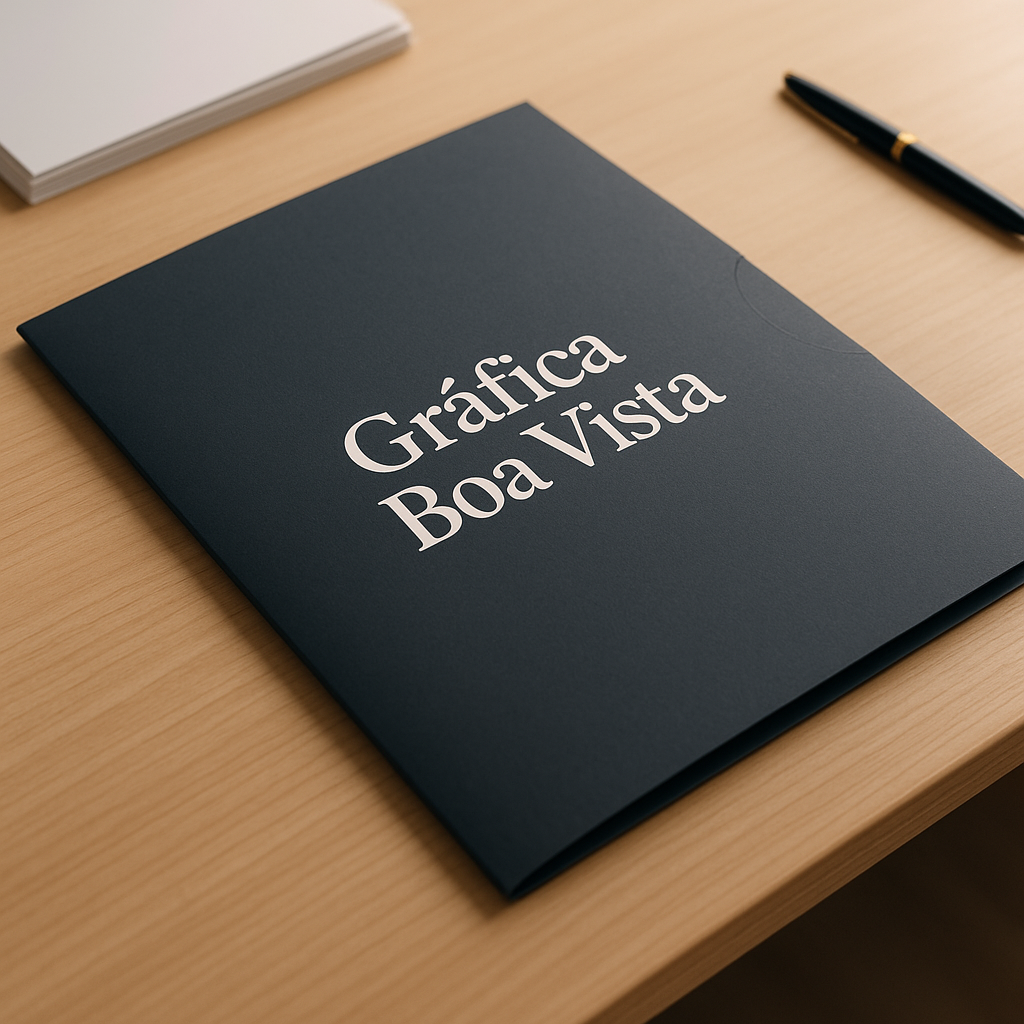 Pasta personalizada impressa em Curitiba com acabamento profissional e documentos internos