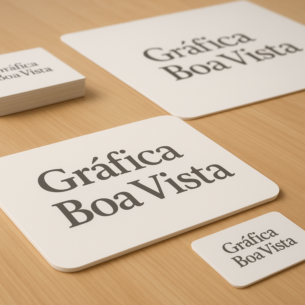 Placas PVC e PS produzidas em gráfica em Curitiba sobre bancada profissional