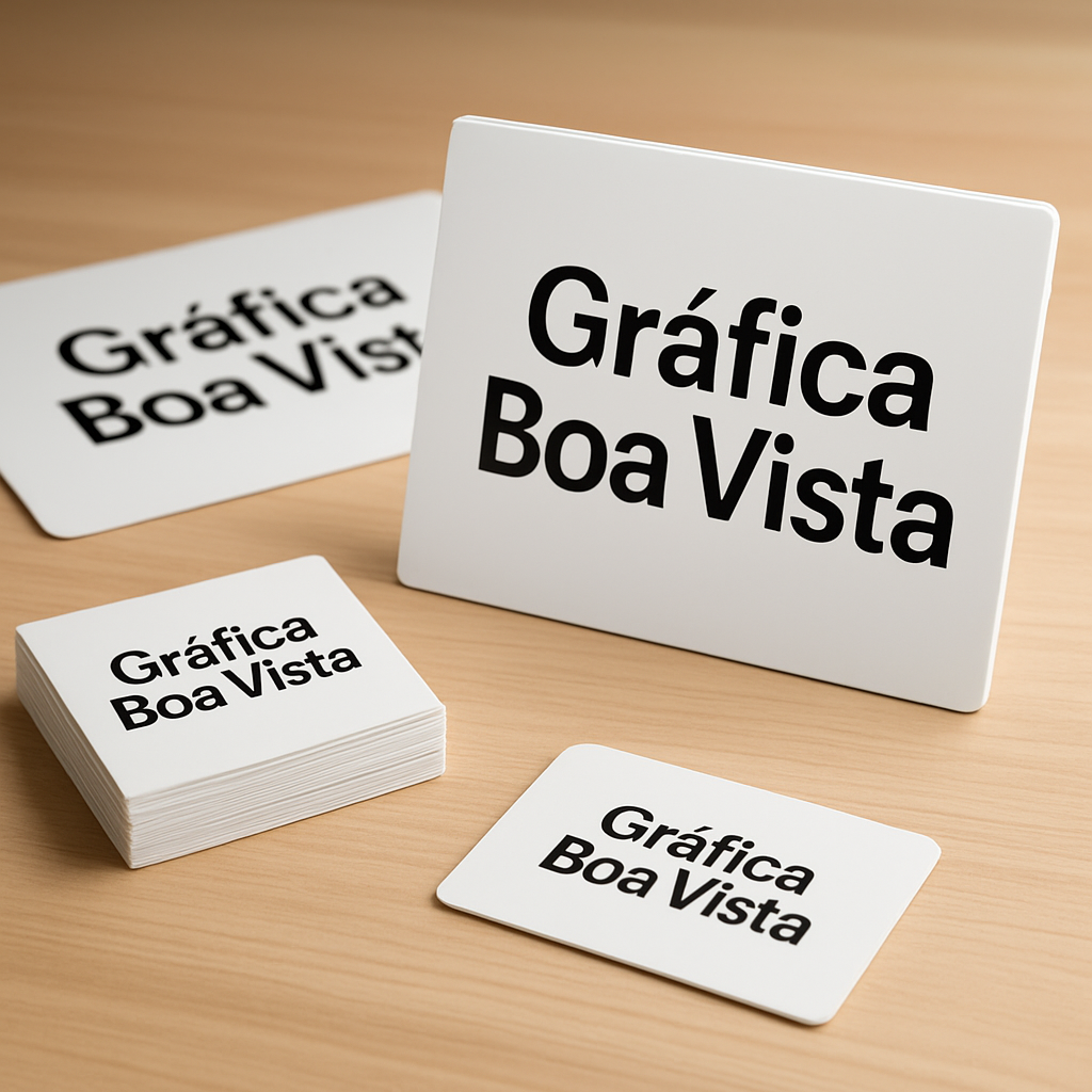 Placas PVC e PS produzidas em gráfica em Curitiba sobre bancada profissional