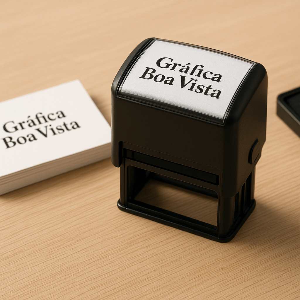 Carimbos personalizados produzidos pela Gráfica Boa Vista em Curitiba, sobre uma mesa de gráfica