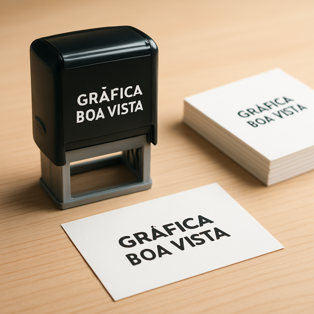 Carimbos personalizados produzidos pela Gráfica Boa Vista em Curitiba, sobre uma mesa de gráfica