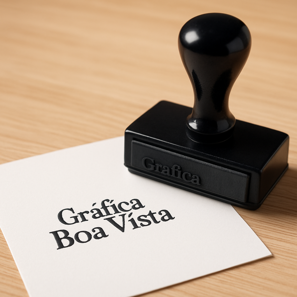 Carimbos personalizados produzidos pela Gráfica Boa Vista em Curitiba, sobre uma mesa de gráfica