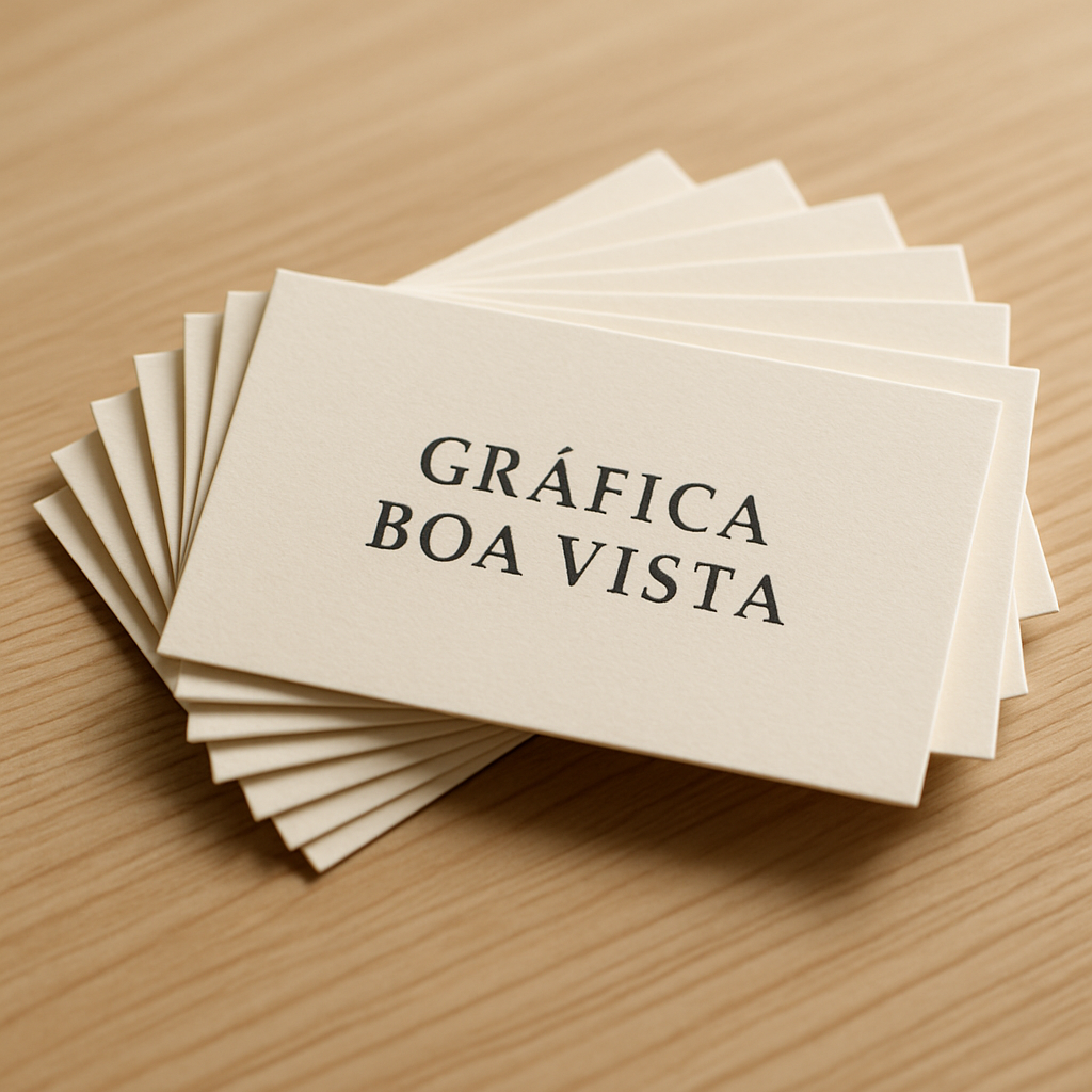 Cartões de visita impressos em uma gráfica, com acabamento premium e visual profissional