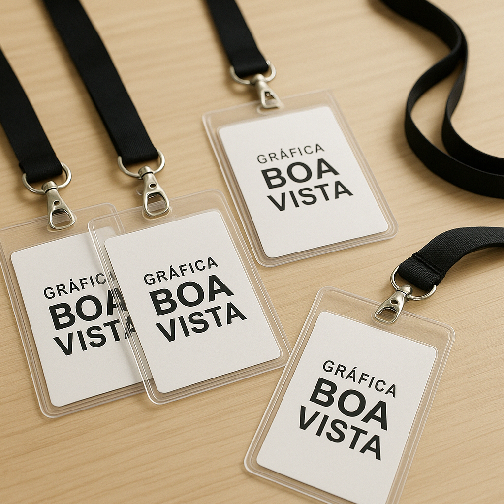 Crachás personalizados em materiais PVC e Polaseal, com aparência profissional e acabamento limpo