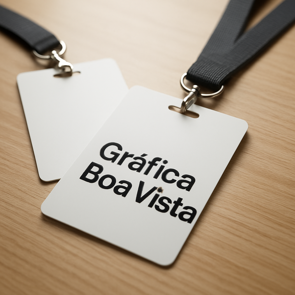 Crachás personalizados em materiais PVC e Polaseal, com aparência profissional e acabamento limpo