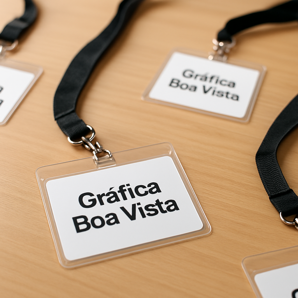 Crachás personalizados em materiais PVC e Polaseal, com aparência profissional e acabamento limpo