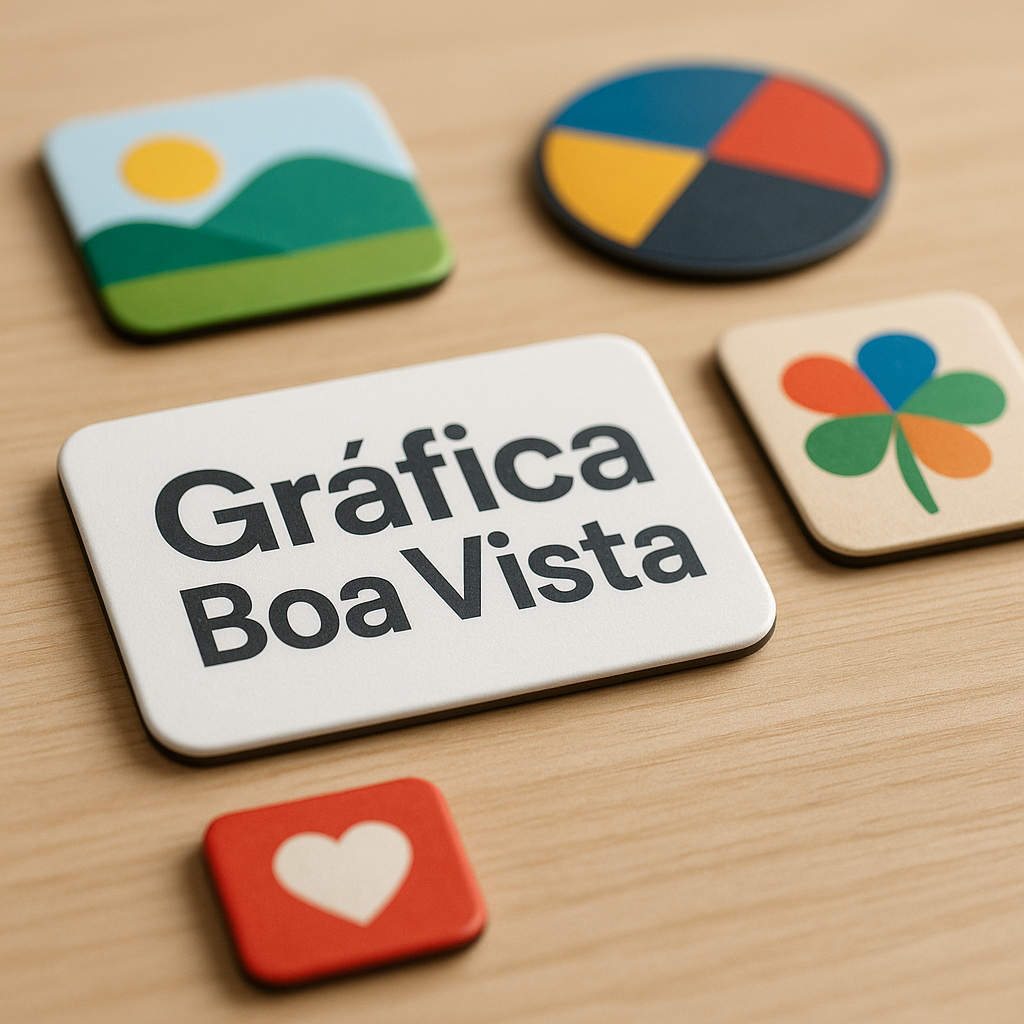 Ímãs de geladeira personalizados sobre superfície branca, com acabamento profissional e visual de gráfica