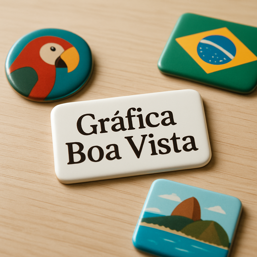 Ímãs de geladeira personalizados sobre superfície branca, com acabamento profissional e visual de gráfica