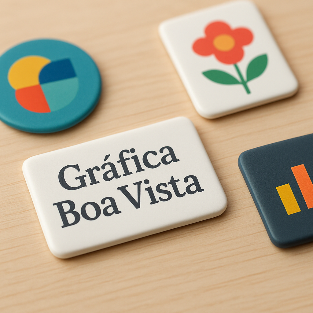 Ímãs de geladeira personalizados sobre superfície branca, com acabamento profissional e visual de gráfica