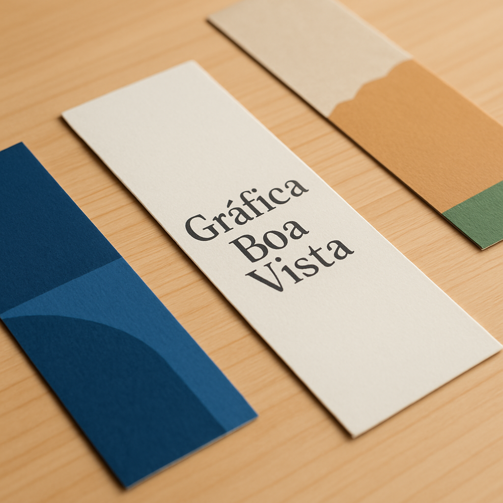 Marca páginas impressos em uma mesa de gráfica, mostrando acabamento profissional e variedade de cores.