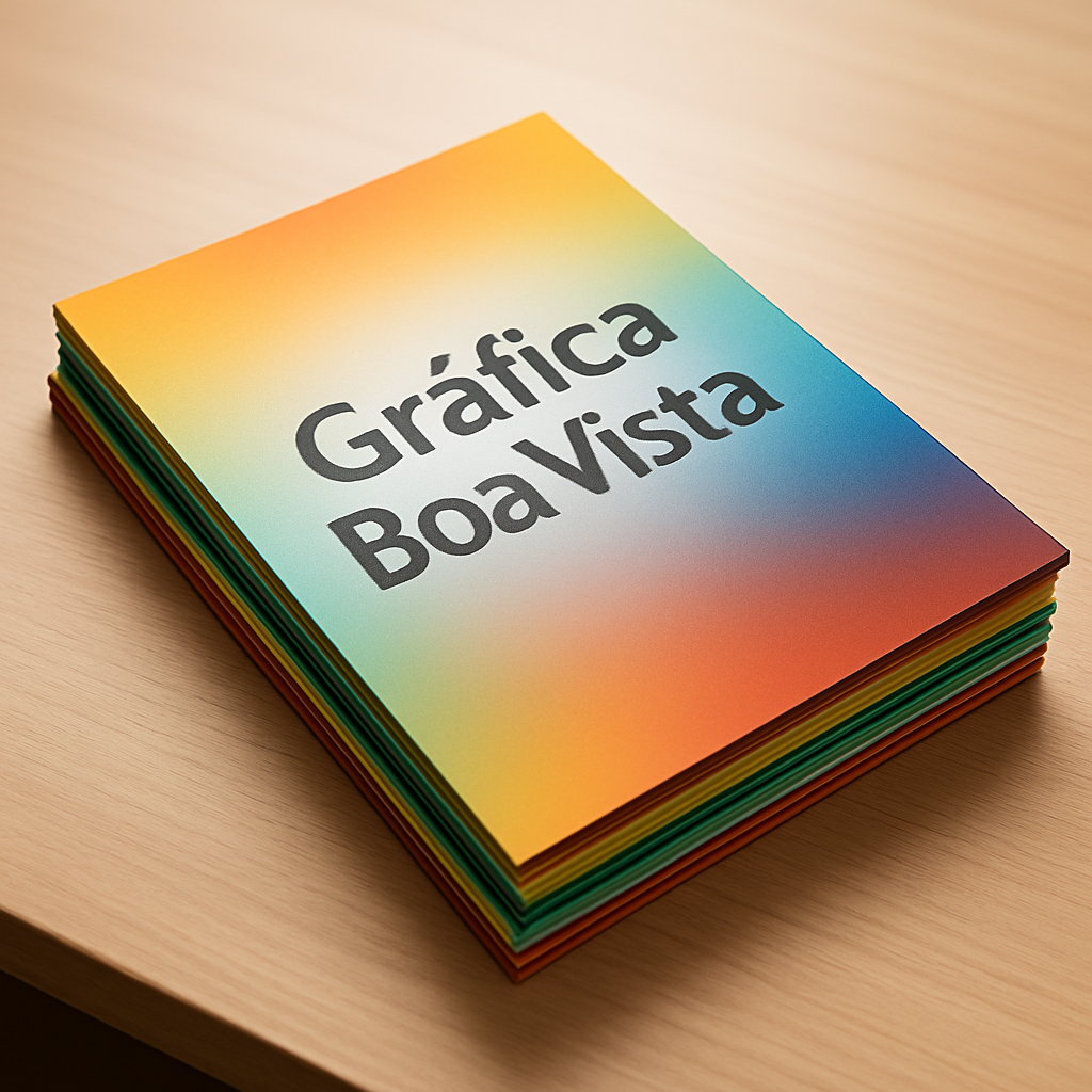 Panfletos impressos em uma gráfica em Curitiba, com acabamento profissional e equipamentos ao fundo