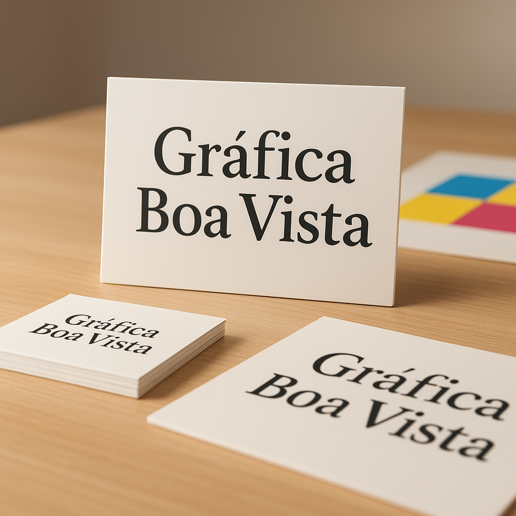 Foto de uma gráfica em Curitiba com produção de placa PVC/PS e material rígido sobre a bancada