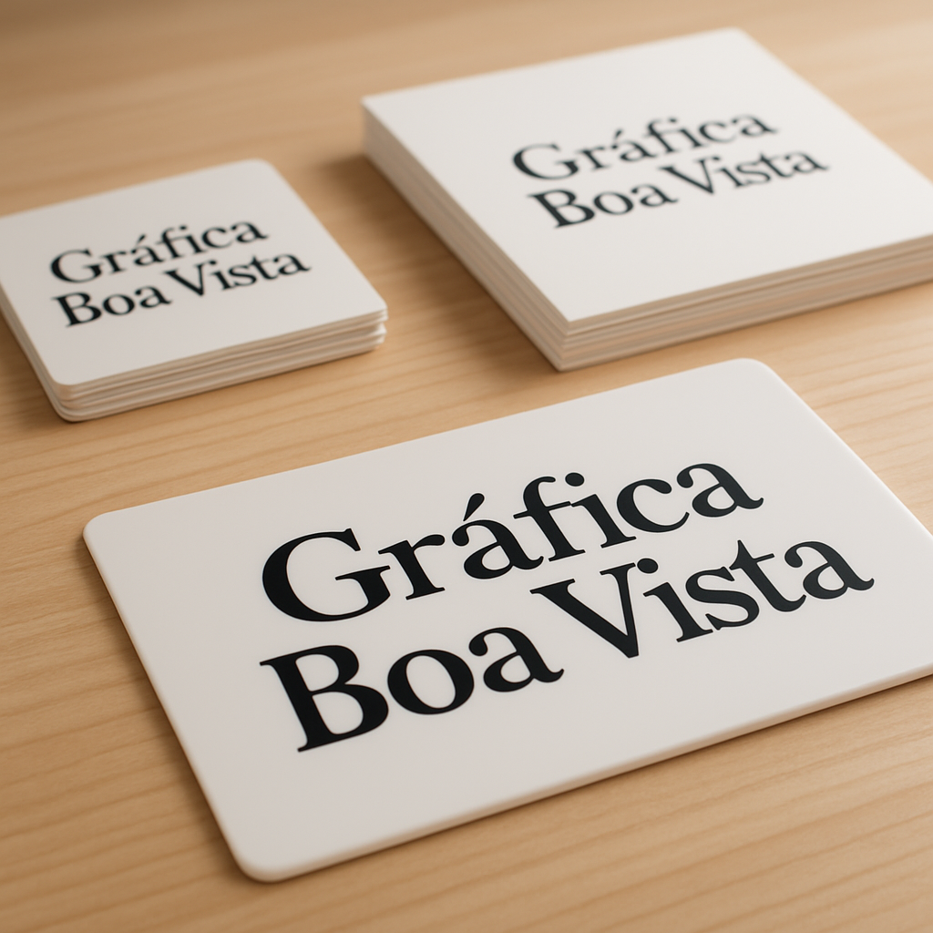 Foto de uma gráfica em Curitiba com produção de placa PVC/PS e material rígido sobre a bancada
