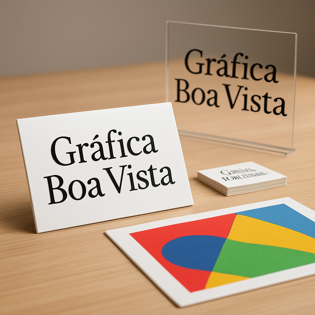 Foto de uma gráfica em Curitiba com produção de placa PVC/PS e material rígido sobre a bancada