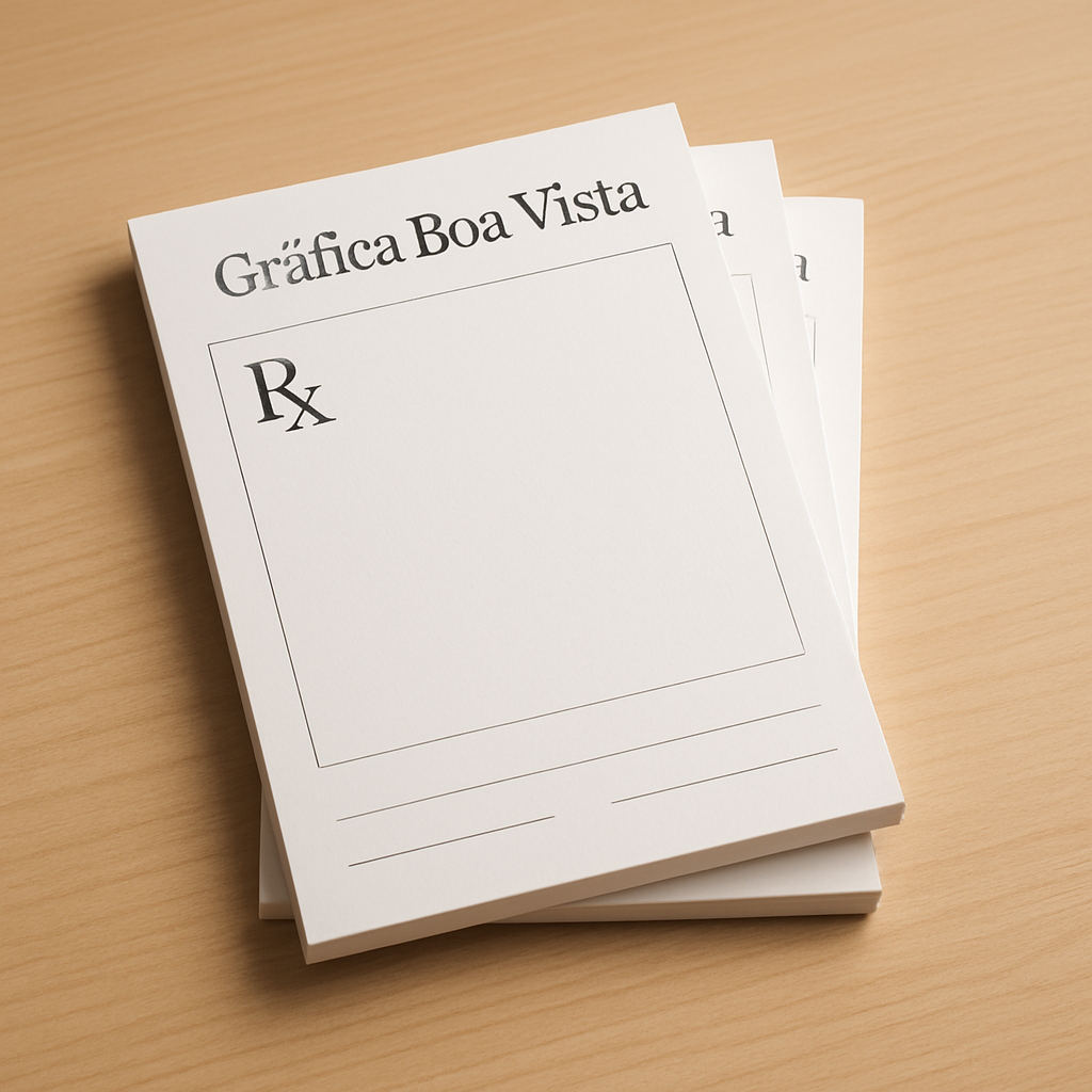 Receituário impresso em uma gráfica profissional em Curitiba, com blocos organizados e ambiente de produção
