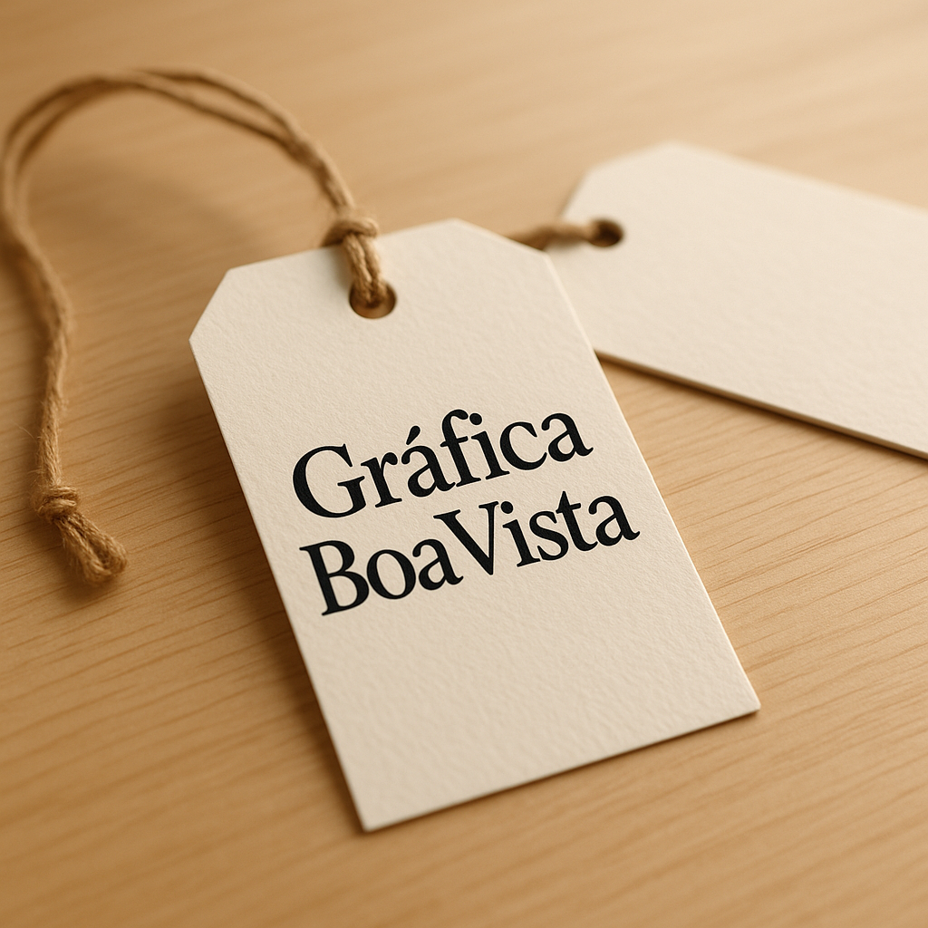 Tags impressas em papel couchê 300g com acabamento premium, em ambiente de gráfica