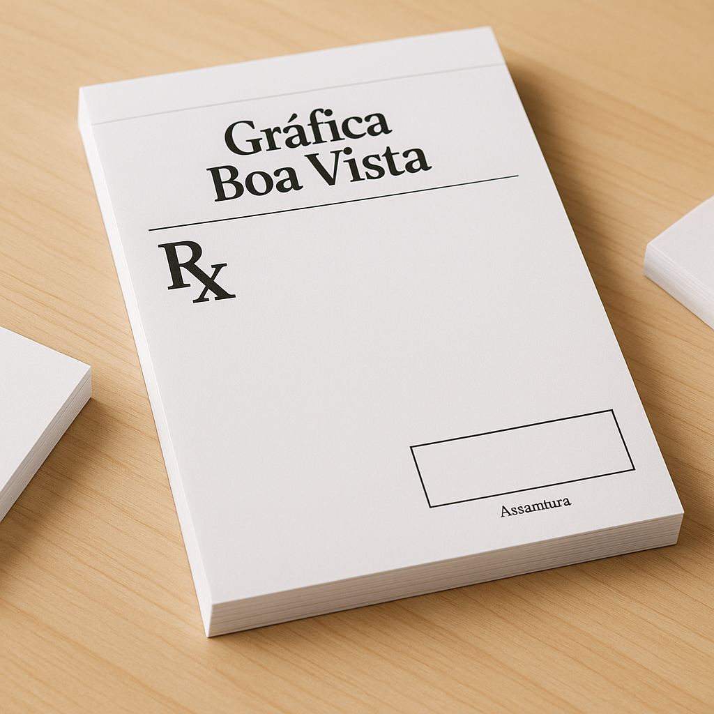 Receituário personalizado impresso em gráfica de Curitiba, com acabamento profissional e papel offset