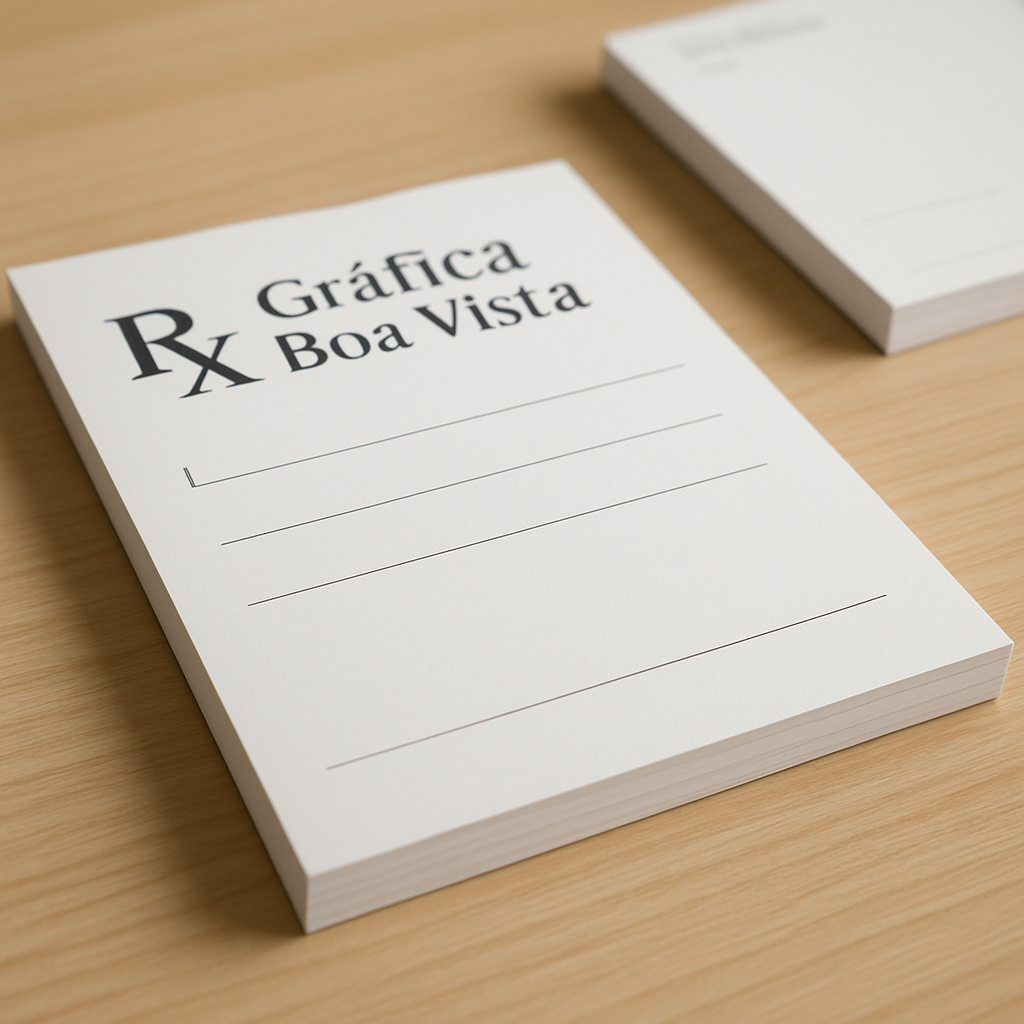 Receituário personalizado impresso em gráfica de Curitiba, com acabamento profissional e papel offset