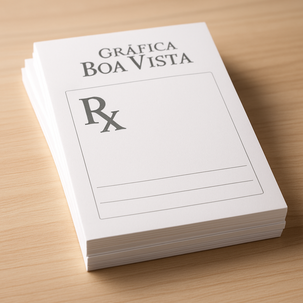 Receituários para clínicas e consultórios em uma mesa de atendimento, com aparência profissional e organizada