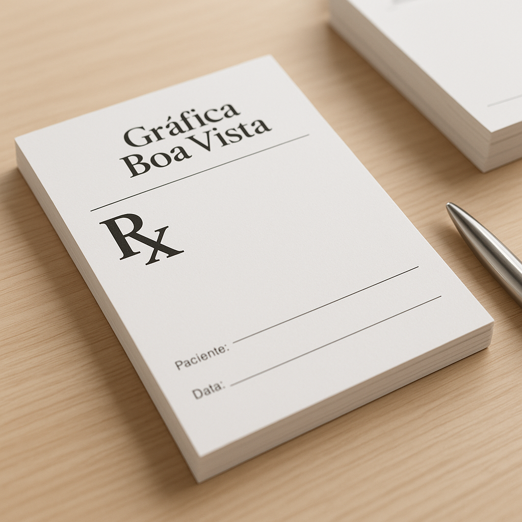 Receituário personalizado para clínicas e consultórios sobre uma mesa de consultório, com visual profissional e organizado