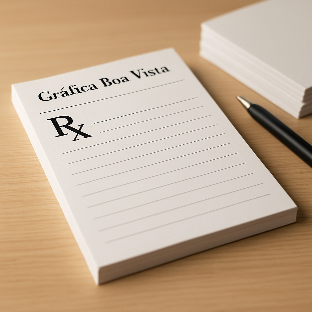 Receituário personalizado para clínicas e consultórios sobre uma mesa de consultório, com visual profissional e organizado