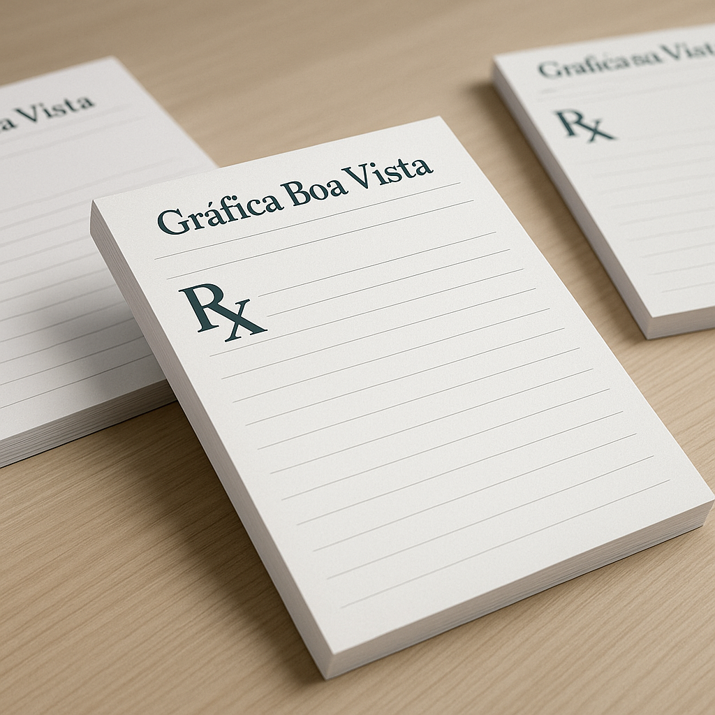 Receituário personalizado em blocos sobre uma mesa, com acabamento profissional e aparência de gráfica