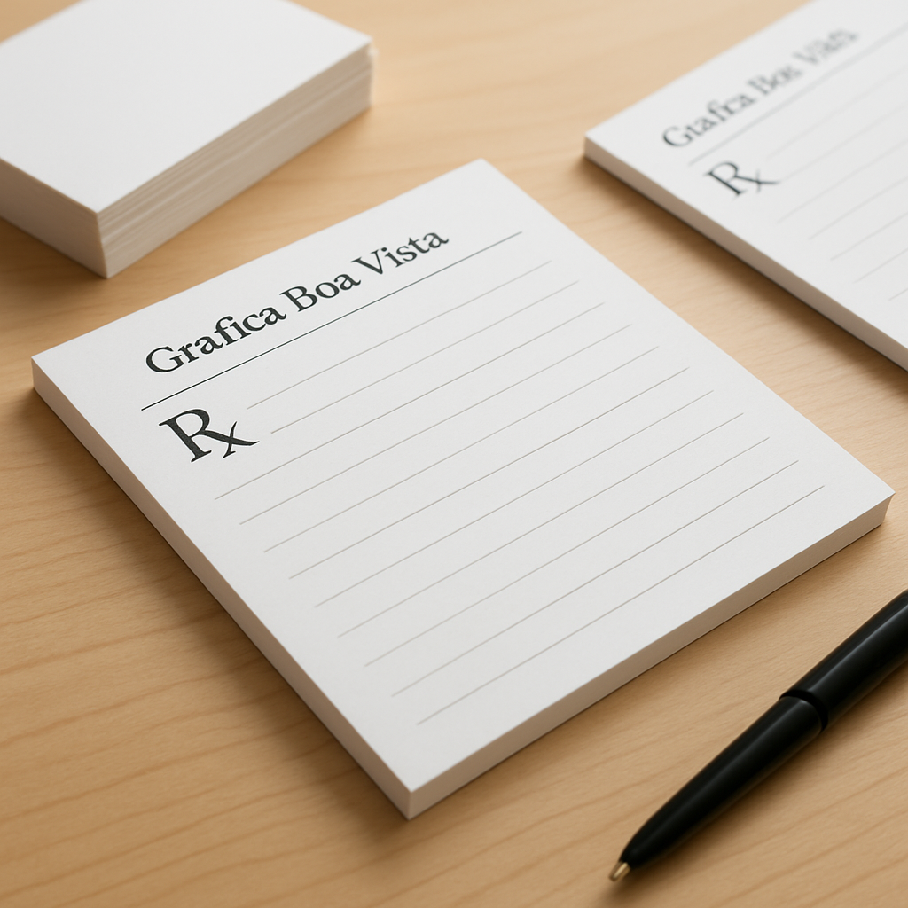 Receituário personalizado em blocos sobre uma mesa, com acabamento profissional e aparência de gráfica