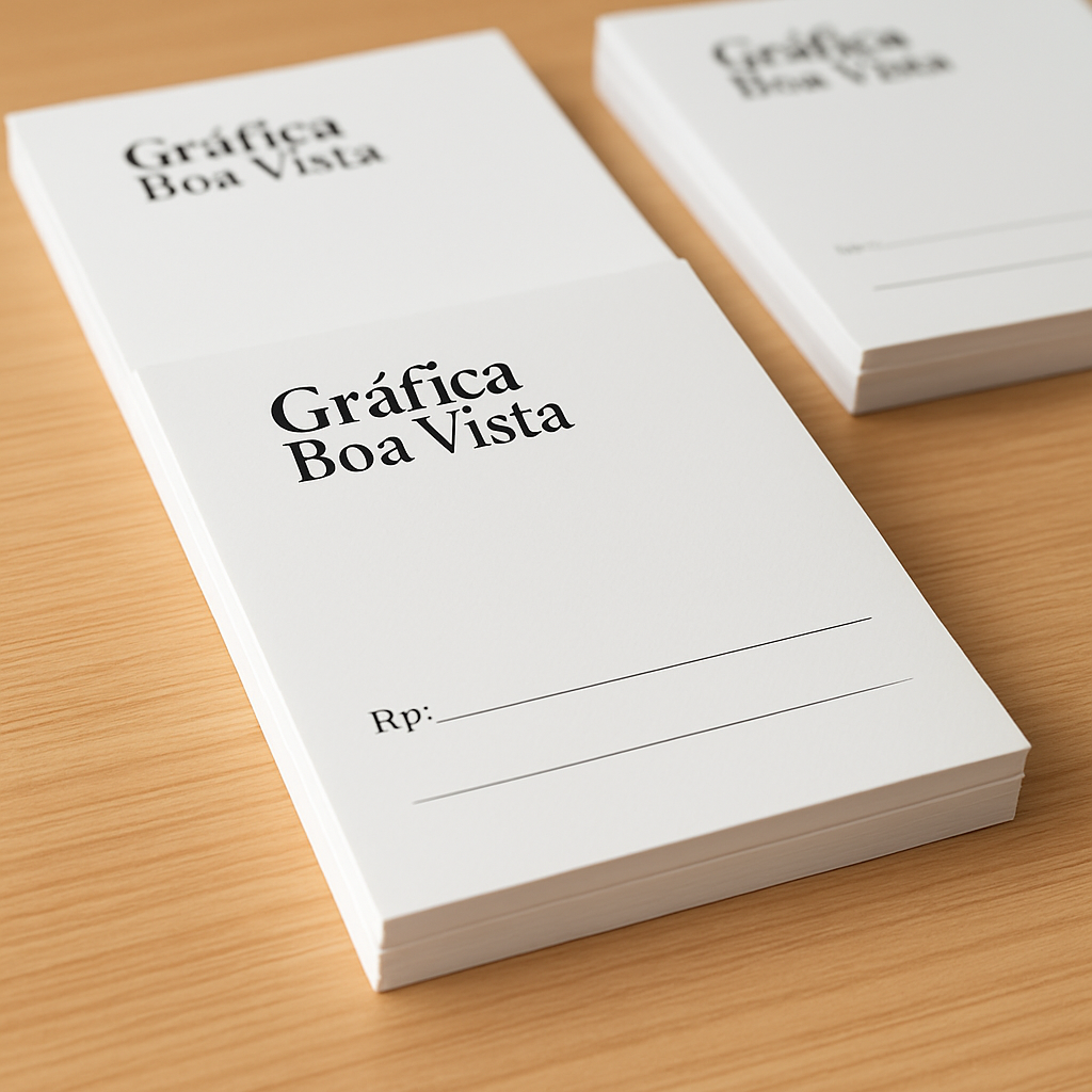 Receituário personalizado em blocos sobre uma mesa, com acabamento profissional e aparência de gráfica