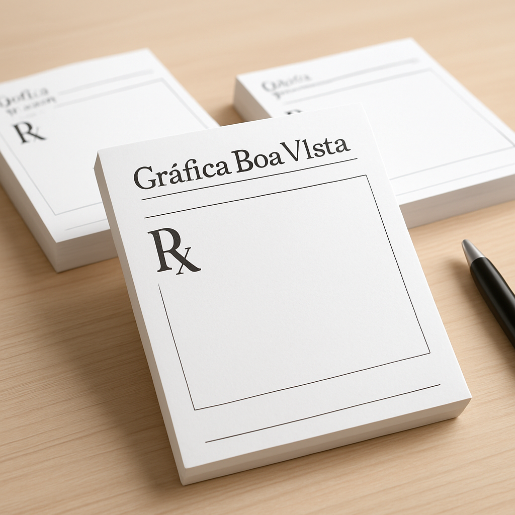 Receituário personalizado sobre mesa de consultório em ambiente profissional