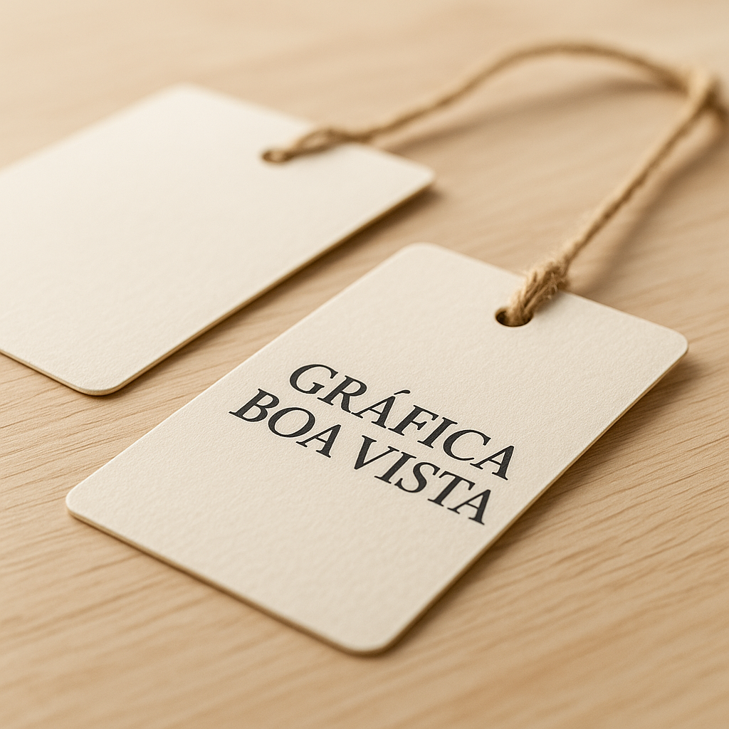 Tags impressas premium penduradas em produtos, com acabamento profissional e furo