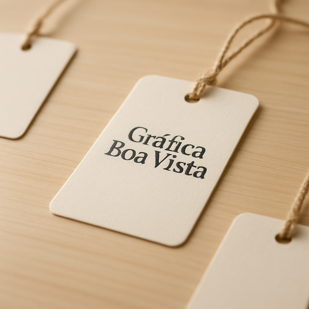 Tags impressas premium penduradas em produtos, com acabamento profissional e furo