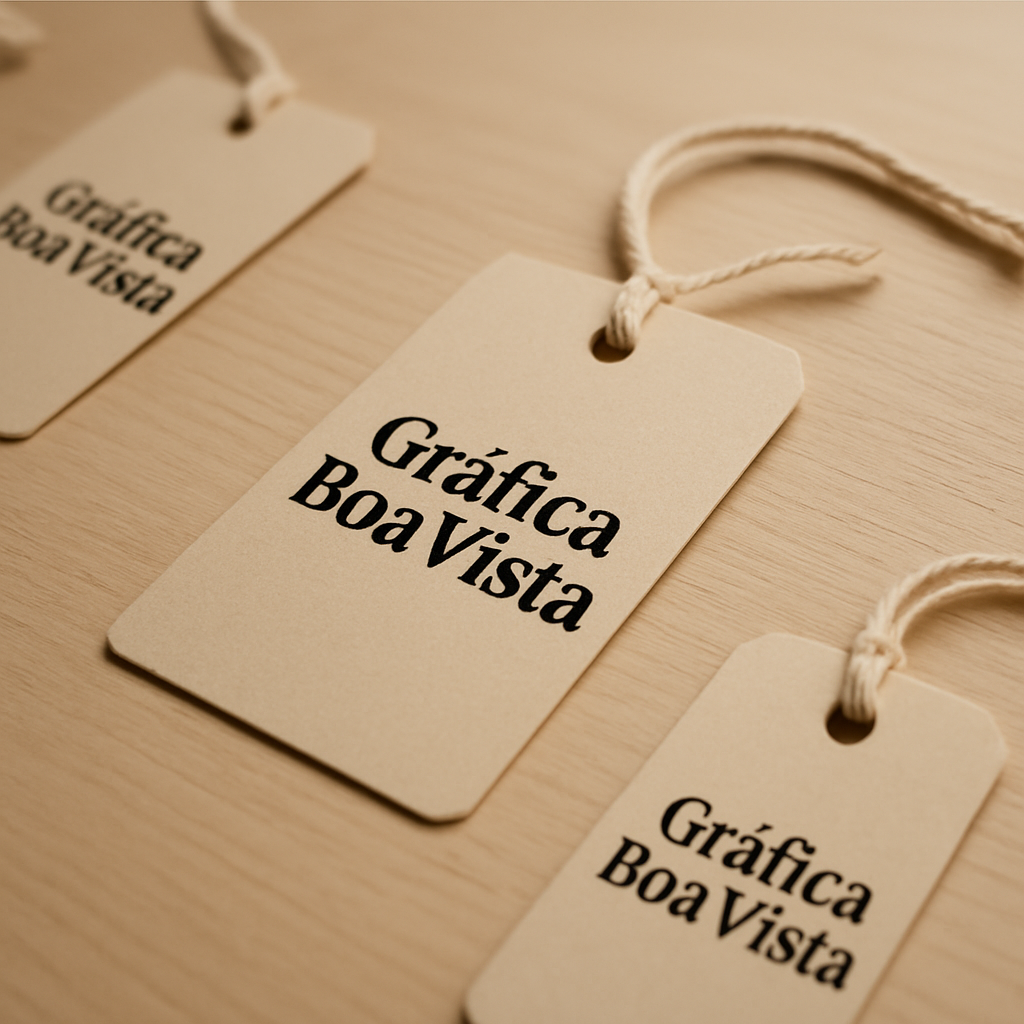 Tags impressas premium penduradas em produtos, com acabamento profissional e furo
