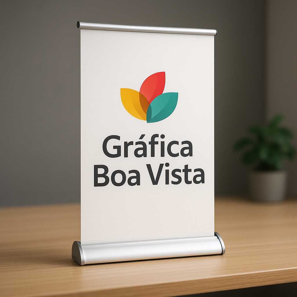 Banner roll up em uma clínica moderna, com visual profissional e ambiente de recepção limpo