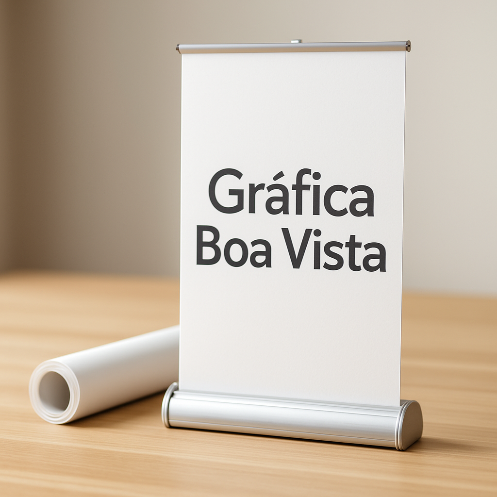 Banner roll up em uma clínica moderna, com visual profissional e ambiente de recepção limpo