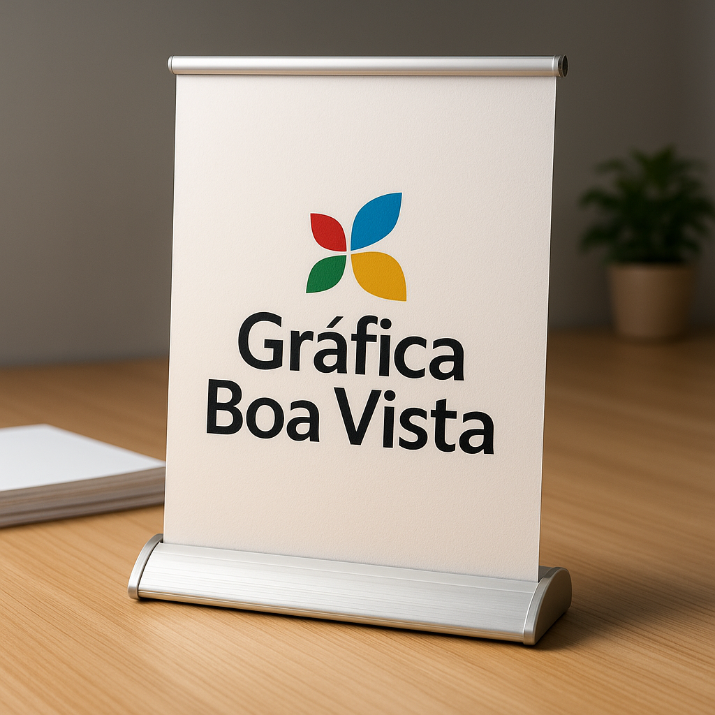 Banner roll up profissional em ambiente de gráfica, com acabamento limpo e estrutura montada