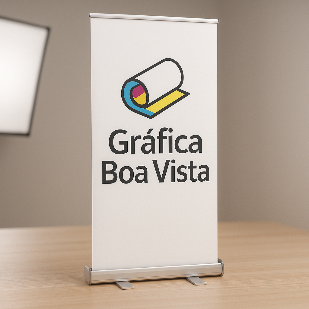 Banner roll up personalizado em ambiente corporativo moderno, com acabamento profissional e visual limpo