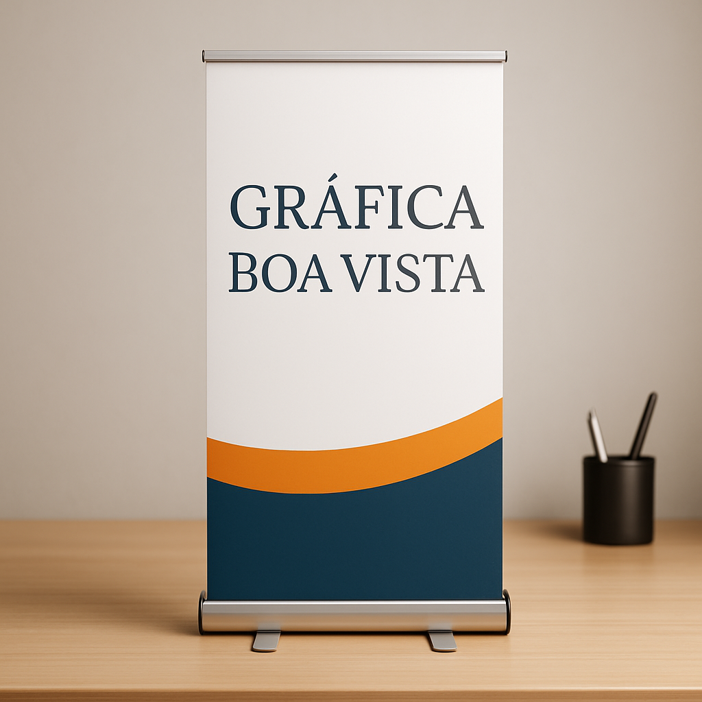 Banner roll up personalizado em ambiente corporativo moderno, com acabamento profissional e visual limpo