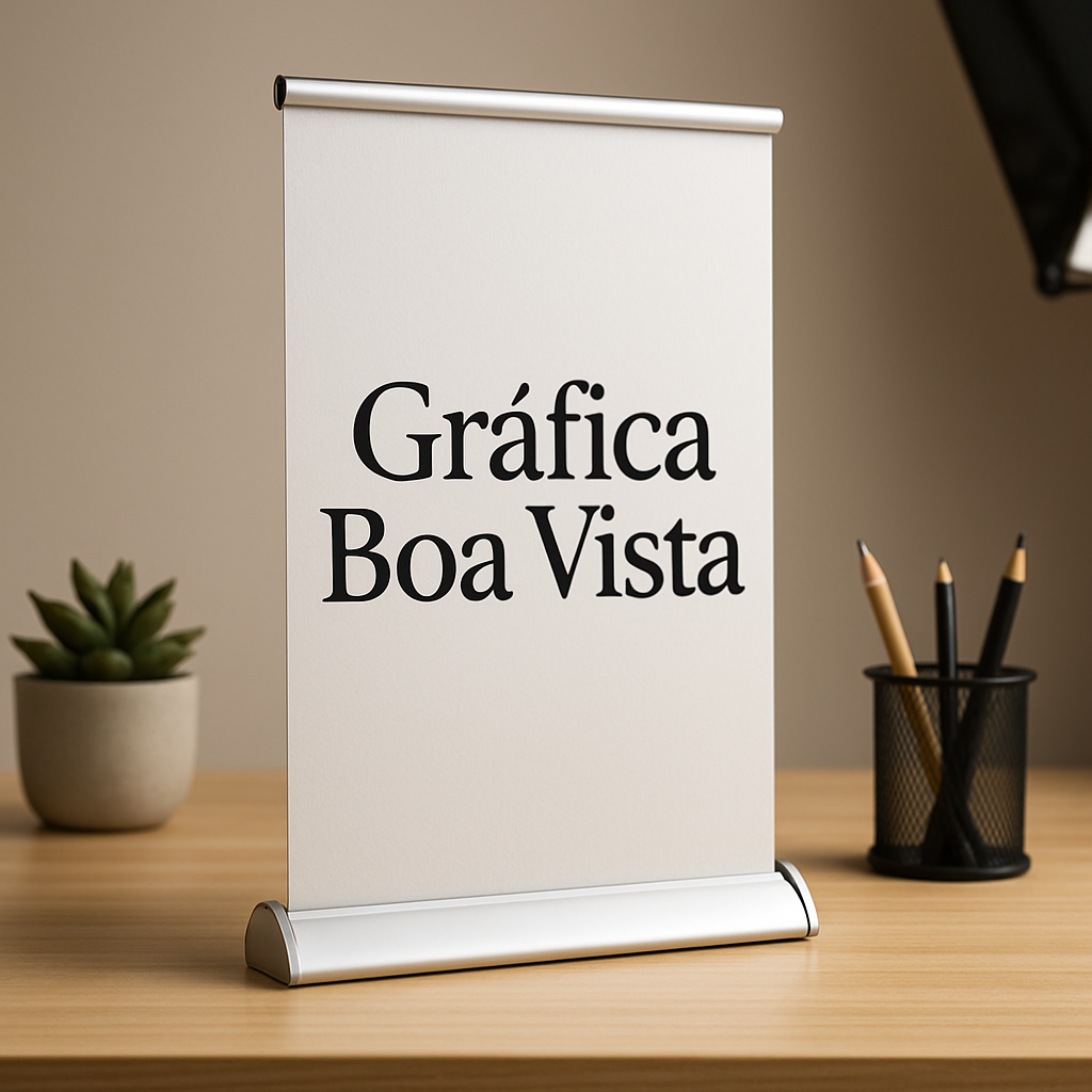 Banner roll up personalizado em ambiente corporativo moderno, com acabamento profissional e visual limpo