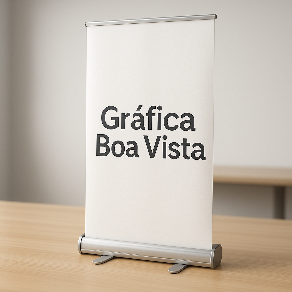 Banner Roll Up em ambiente corporativo, com estrutura retrátil e visual profissional