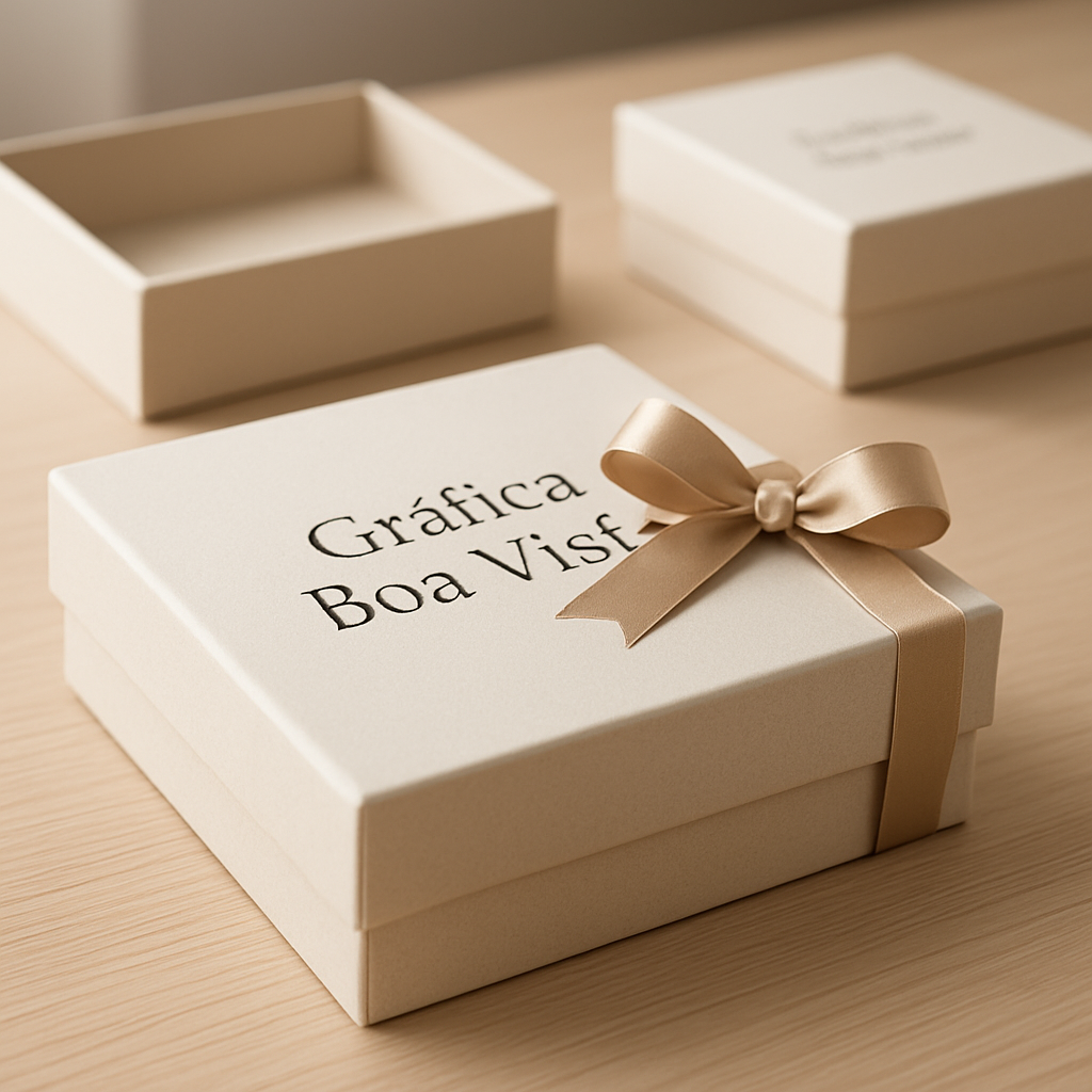 Caixas para presente personalizadas para clínicas e consultórios em uma gráfica, com acabamento elegante e visual profissional