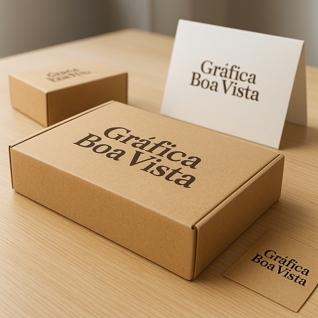 Foto de caixas personalizadas em uma gráfica em Curitiba, com materiais de embalagem e ambiente profissional