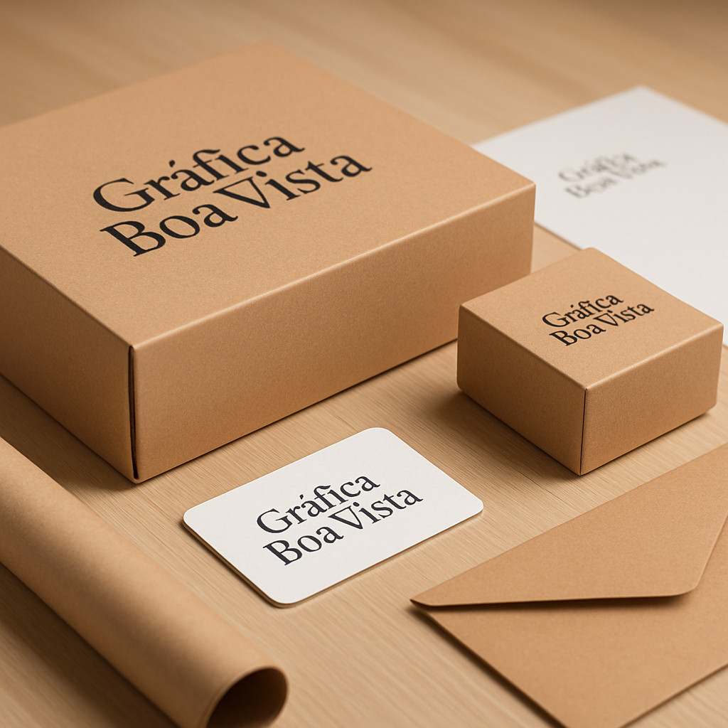 Foto de caixas personalizadas em uma gráfica em Curitiba, com materiais de embalagem e ambiente profissional
