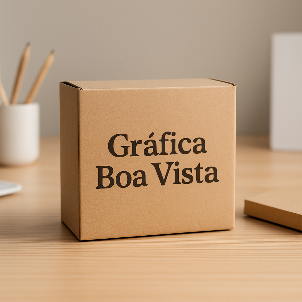 Foto de caixas personalizadas em uma gráfica em Curitiba, com materiais de embalagem e ambiente profissional