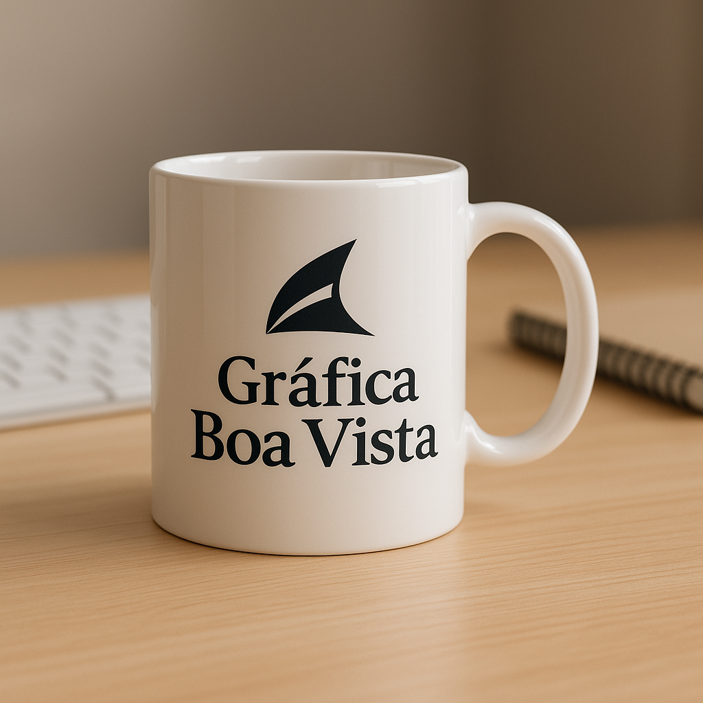 Caneca personalizada em ambiente de gráfica, com visual limpo e profissional