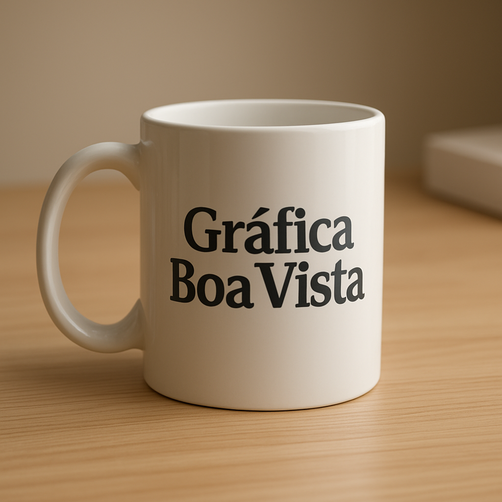 Caneca personalizada em ambiente de gráfica, com visual limpo e profissional