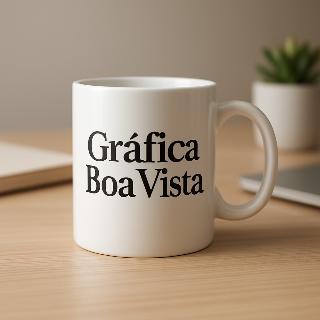 Caneca personalizada em ambiente de gráfica, com visual limpo e profissional