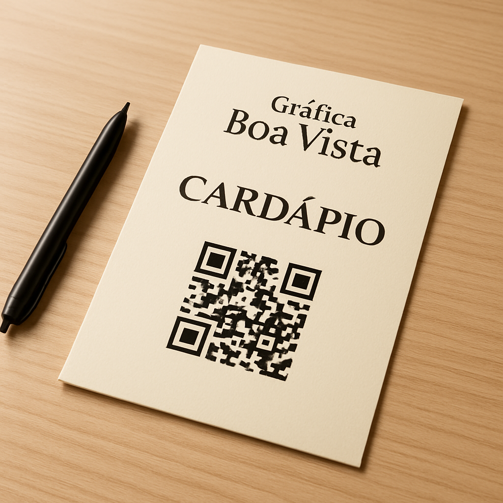 Cardápio com QR Code impresso sobre mesa de restaurante em Curitiba, com visual profissional e moderno