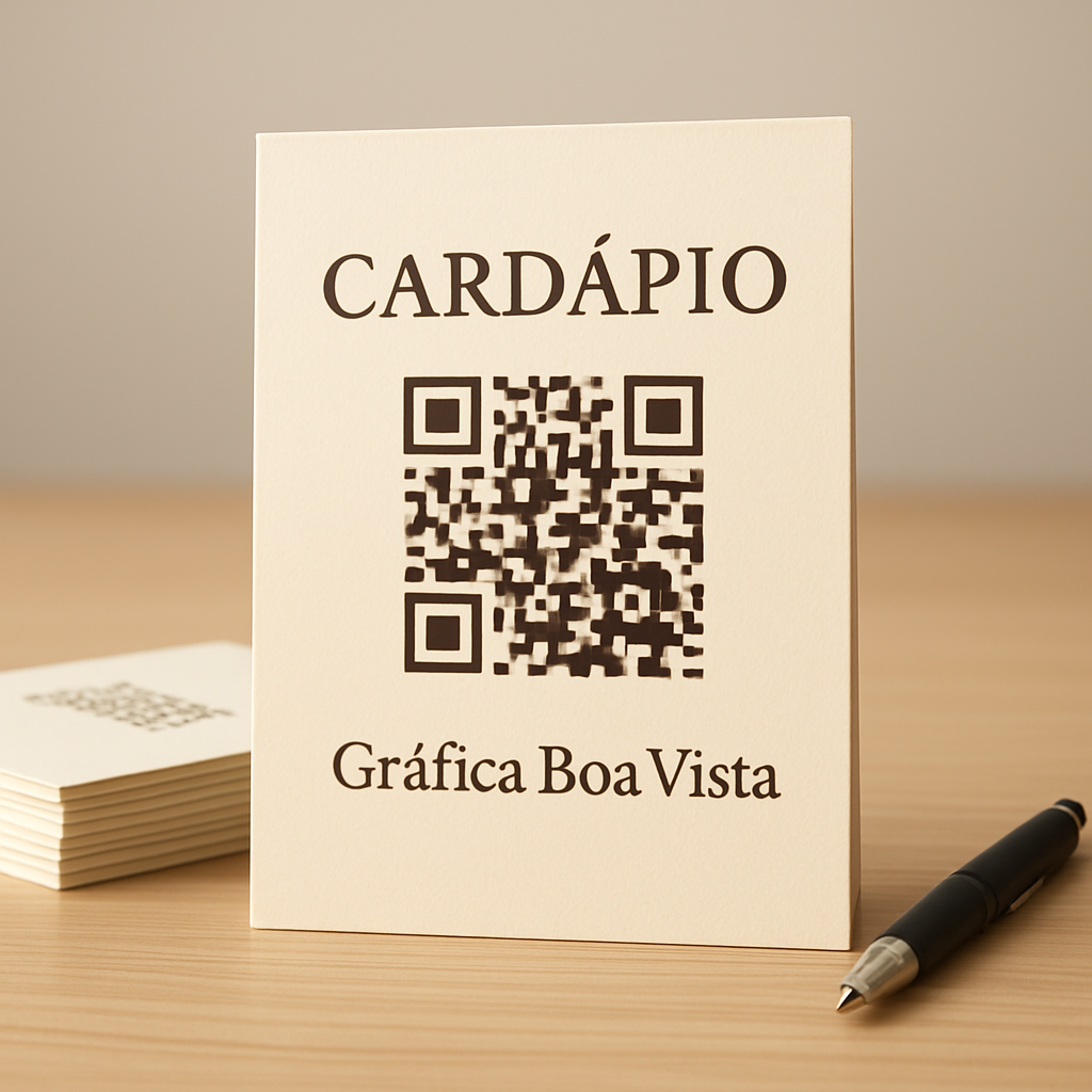 Cardápio com QR Code impresso sobre mesa de restaurante em Curitiba, com visual profissional e moderno